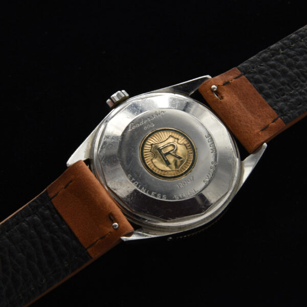 This vintage 1970s Royce Leadership 600 watch offers quite a bit for the money. This watch features an automatic winding 57 jewel day/date movement.