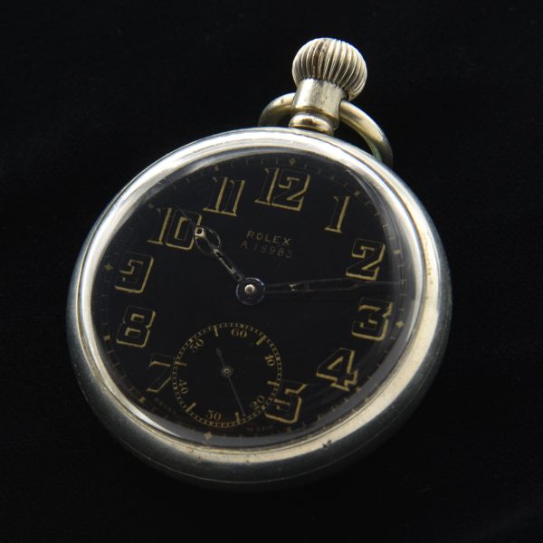 Here is a very well-preserved circa late 1930s or early '40s Rolex British Military pocket watch housed in the signed Rolex nickel case measuring 49.5mm.