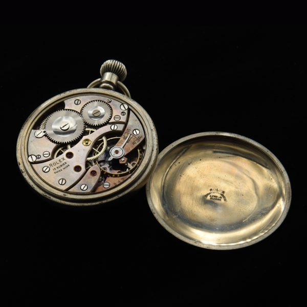 Here is a very well-preserved circa late 1930s or early '40s Rolex British Military pocket watch housed in the signed Rolex nickel case measuring 49.5mm.