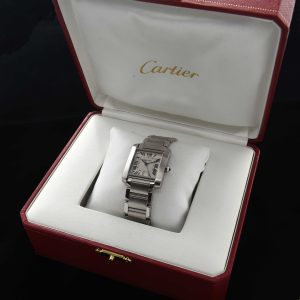 This is a Cartier Tank Francaise men's watch dating to the 2000's. This all-stainless-steel Cartier measures 28x32mm, which is the large size in this model.