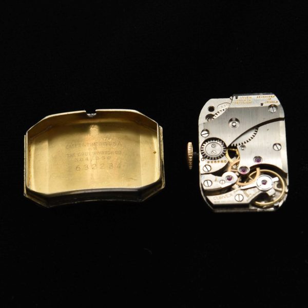 This is a very uncommon 1938 Gruen Extreme Driver’s watch known as the “edge-of-wrist watch” measuring 20x37mm with its 14k-gold-filled highly curved case.