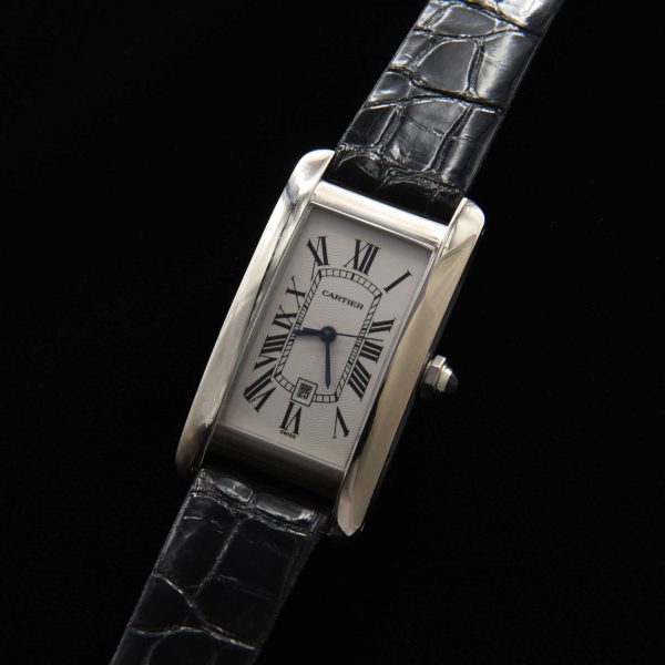 This is the Cartier Tank Américaine 18k White Gold Automatic Winding Mechanical Watch, measuring 22.5 x 41mm.