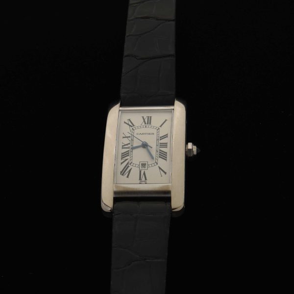 This is the Cartier Tank Américaine 18k White Gold Automatic Winding Mechanical Watch, measuring 22.5 x 41mm.