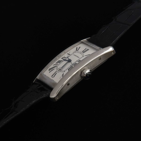 This is the Cartier Tank Américaine 18k White Gold Automatic Winding Mechanical Watch, measuring 22.5 x 41mm.