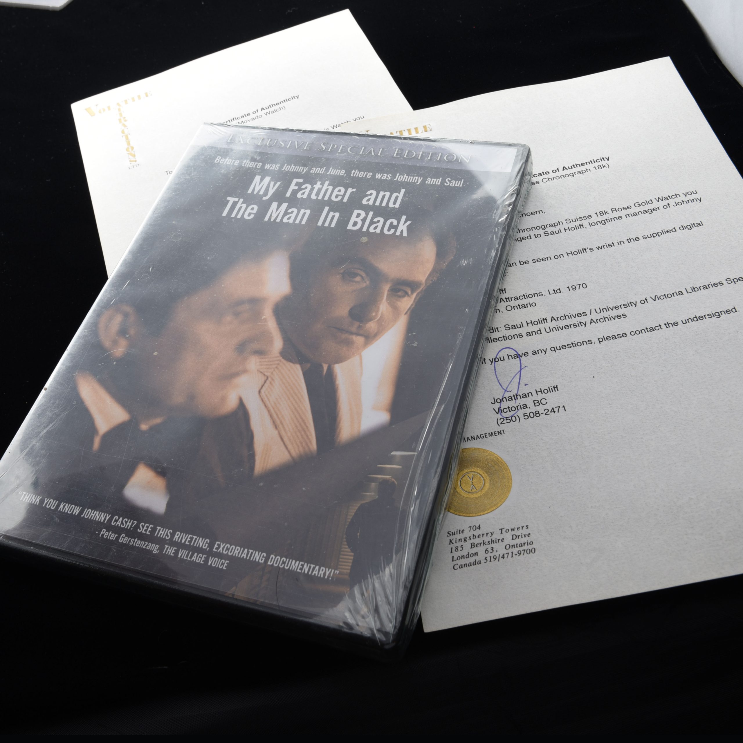 This is a collection of Johnny Cash's Manager's (Saul Holiff's) gold-plated Movado Dual-Time and Chronographe Suisse 18k-Gold watch. Both watches come with a certificate of authenticity from his son Jonathan Holiff.