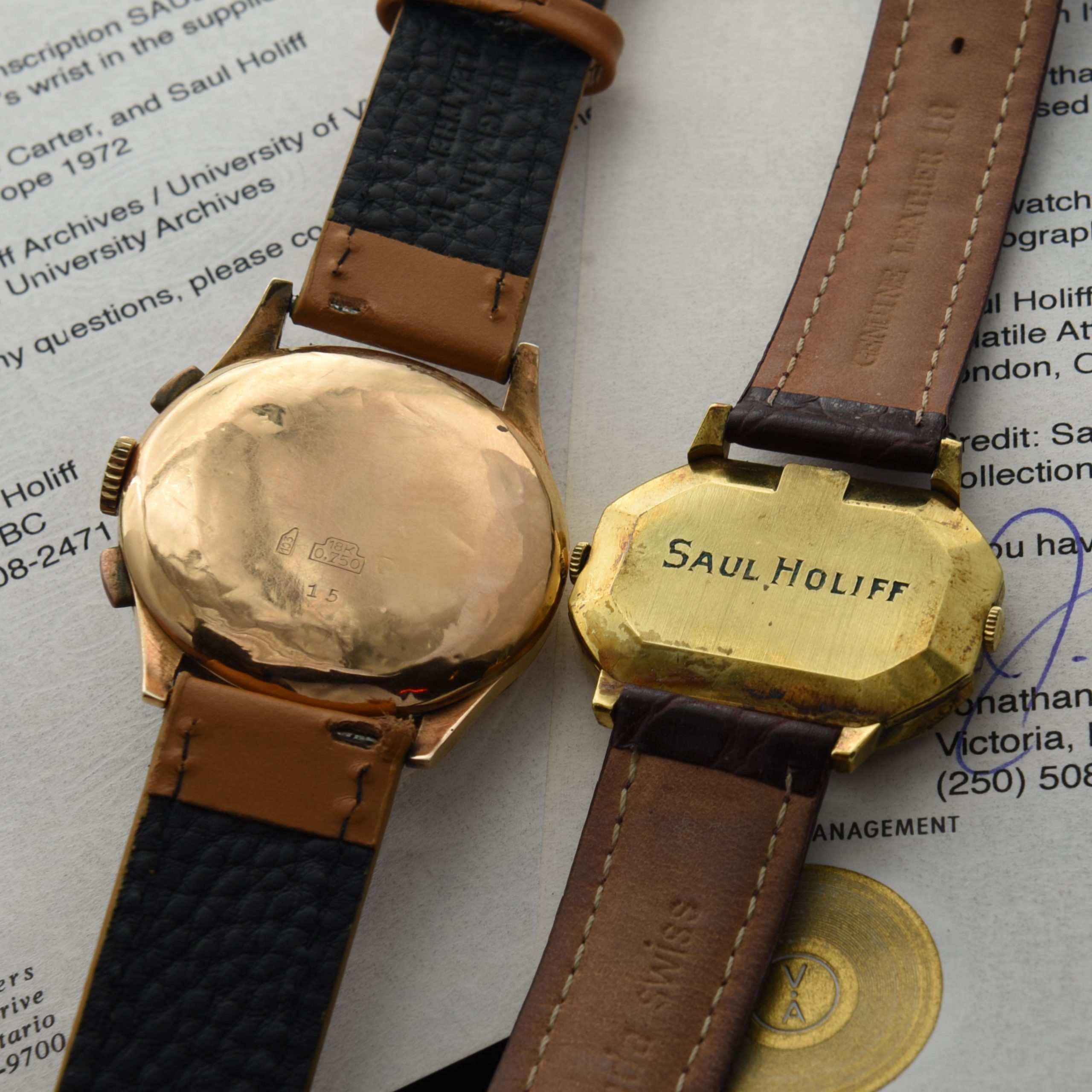 This is a collection of Johnny Cash's Manager's (Saul Holiff's) gold-plated Movado Dual-Time and Chronographe Suisse 18k-Gold watch. Both watches come with a certificate of authenticity from his son Jonathan Holiff.