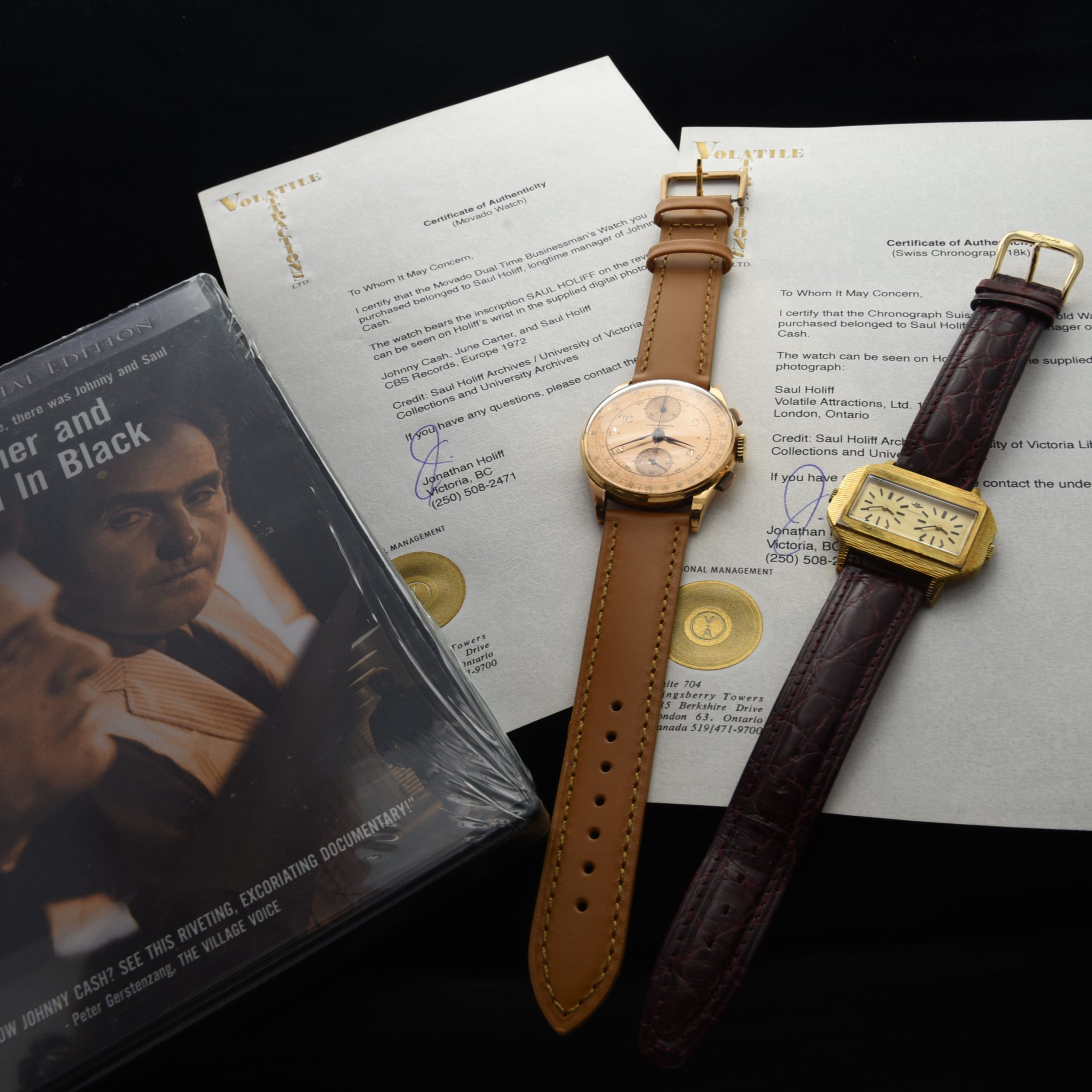 This is a collection of Johnny Cash's Manager's (Saul Holiff's) gold-plated Movado Dual-Time and Chronographe Suisse 18k-Gold watch. Both watches come with a certificate of authenticity from his son Jonathan Holiff.