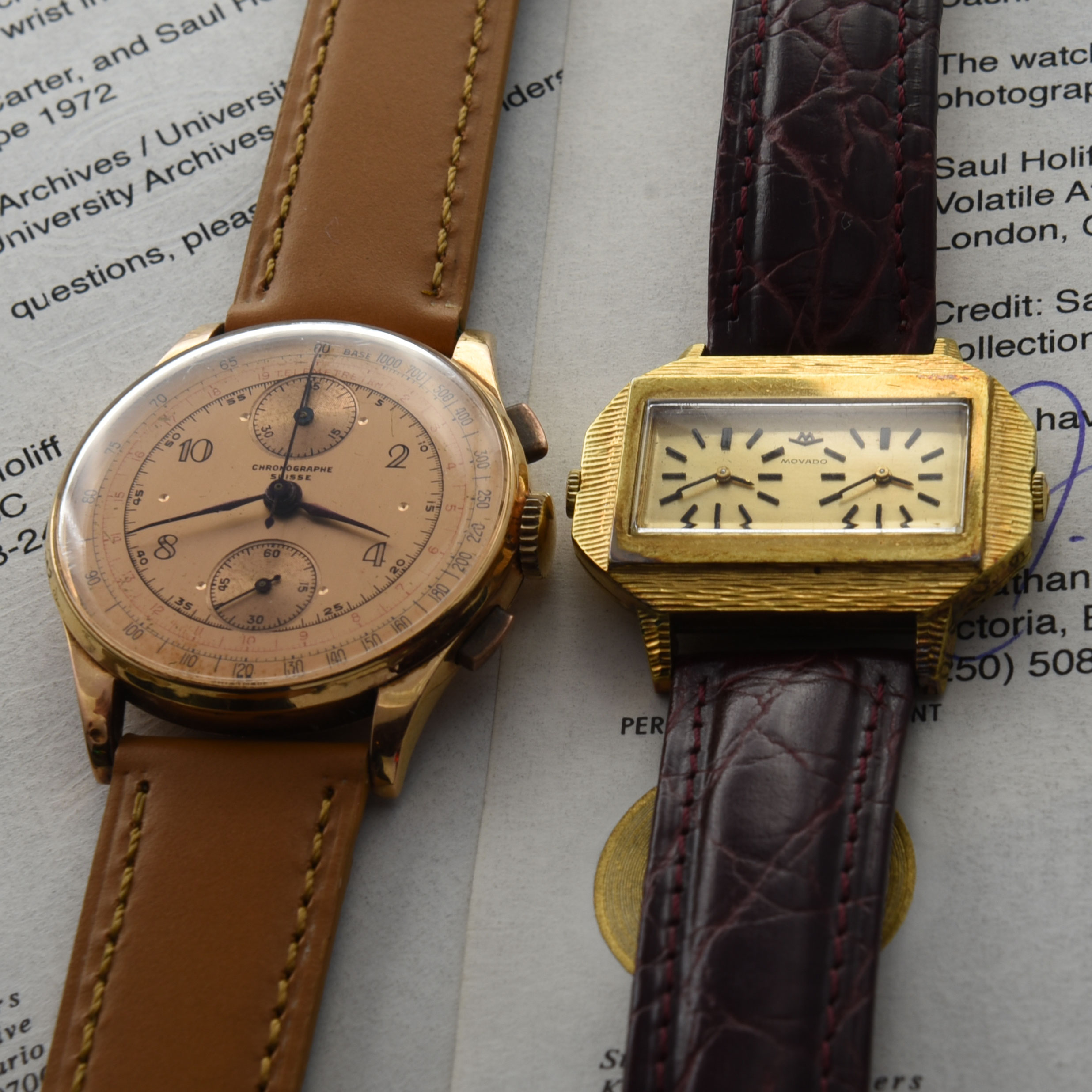 This is a collection of Johnny Cash's Manager's (Saul Holiff's) gold-plated Movado Dual-Time and Chronographe Suisse 18k-Gold watch. Both watches come with a certificate of authenticity from his son Jonathan Holiff.